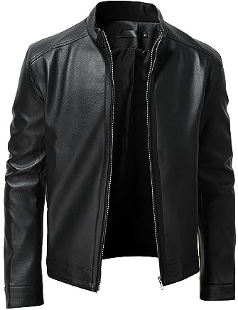 Chaqueta de piel para hombre, cuello alto, estilo vintage, con cremallera, de piel sintética, con cremallera