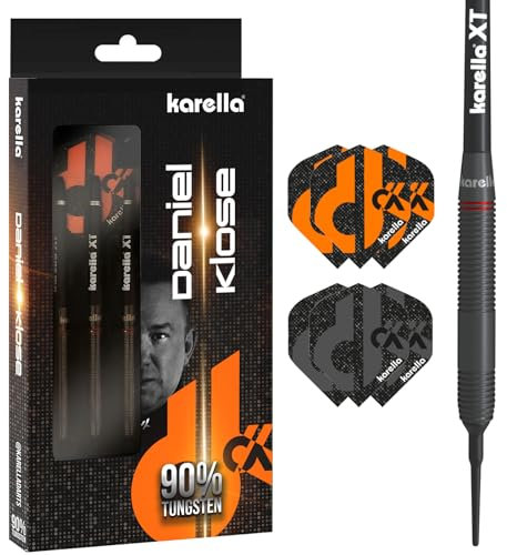 Karella Softdart Daniel Klose, 90% Tungsten, 21 g, 2 Flight Sets, 3 Pfeile mit Kunststoffspitze, für elektronische Dartscheibe, Dartautomat