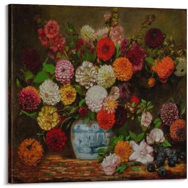 ADovz Stillleben mit Dahlien Poster von Eugène Delacroix Wandkunst Geschenke Schlafzimmer Drucke Heimdekoration Hängendes Bild Leinwand Gemälde 50 x 50 cm