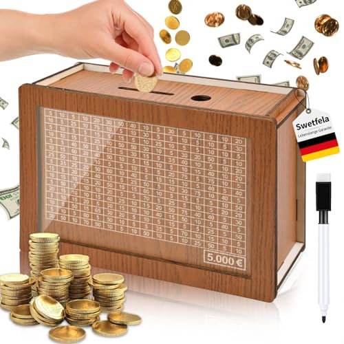 Swetfela Spardose with Marker,5000€ Spardose Holz mit Acrylplatten,Spardose mit Zähler zum Ankreuzen Wiederverwendbare,Sparbox mit Zahlen Ankreuzen fur Erwachsene und Kin