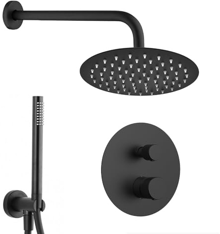 Set doccia incasso nero opaco zigrinato con braccio e soffione 30 cm, kit doccia con doccino in ottone, presa acqua e supporto, GEMINI