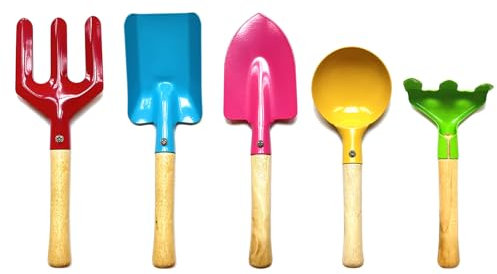 KY-Tech Beach Toys for Kids, 5 Piece Sand Toys for Kids, Sand Pit Toys Spade Beach Set Made of Metal with Sturdy Wooden Handle Sand Spade, Fork, Trowel, Spoon & Rake for Kids