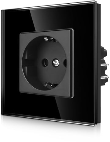 CNBINGO Prise simple encastrée avec borne enfichable - Prise Schuko simple avec sécurité enfant - Contact de protection 16 A - Prise murale avec cadre en verre - Blanc