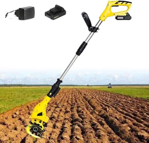MekUk motocultor cultivador Motoazada a batería, cultivadora de jardín de 20 V, cultivadora eléctrica ajustable, profundidad de trabajo de 16 cm, (Amarillo) para el aflojamiento de la tierra y la prep