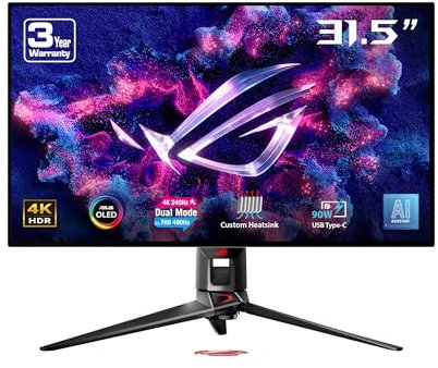 ASUS ROG Swift 32” 4K OLED Gaming Monitor (PG32UCDP) - WOLED, Dual Mode (4K 240Hz, FHD 480Hz), 0.03ms, G-SYNC Compatible, Custom Heatsink, AI Gaming, 99% DCI-P3,True 10-bit, USB-C 90W, 3yr Warranty