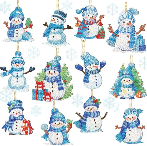 EFNHJF5 12 Stück Schneemann Diamond Painting Schlüsselanhänger Kit,Diamond painting kinder,DIY Doppelseitige Diamond Painting Weihnachten Deko