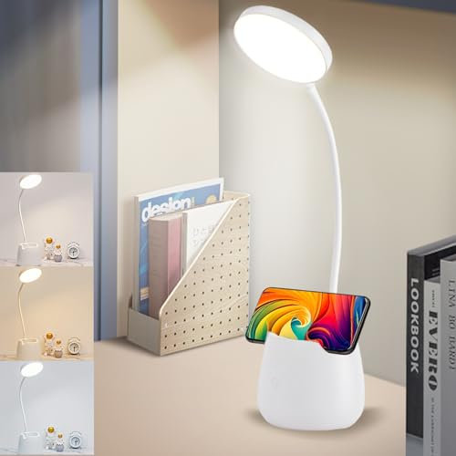 WIYETY Schreibtischlampe Kinder LED Dimmbare Tischlampe USB Nachttischlampe mit 3 Farbtemperaturen, Nachttischlampe Kinder mit Touchsensor und Flexibles Arm mit Handyhalter Nachtlicht, Weiß