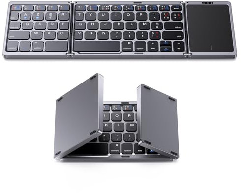 OMOTON Clavier sans Fil avec pavé Tactile, Clavier Bluetooth Pliable, Mini Portable Rechargeable, AZERTY Multi-appareils pour iPad/Portable/Windows/Android/Tablette (Noir) (FR-Layout)