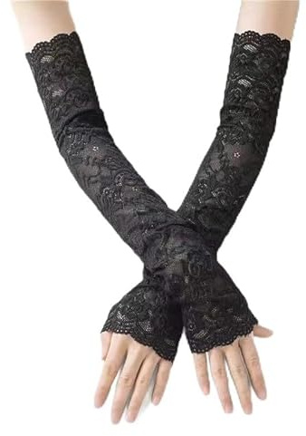 WANYI 46cm Spitzenhandschuhe Schwarz Handschuhe Spitze Elegant Fingerlose Lange Handschuhe Damen Lace Arm Sleeve Sonnenschutz fur Kostüm Zubehör Halloween Party Hochzeit