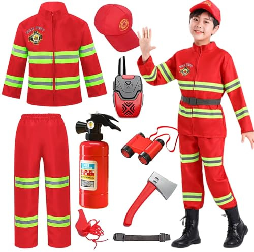 Brandman kostym barn brandman utklädningsset med brandman leksaker tillbehör barn rollspel kostymer för pojkar flickor brandman kläder brandchef halloween karneval cosplay kostym, ålder 3-9