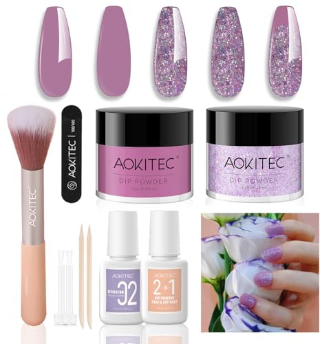 Aokitec Nail Dipping Powder Kit - Holiday Series Dip Powder Nail Kit with Purple & Glitter Nail Powder Dip Liquid Nail Dust Brush for DIY Nail Art, Easy to Carry, Gift for Women & Girls