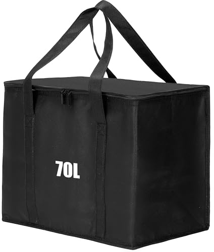 Food Delivery Bag 70L Large Insulated Cooler Bag, Waterproof Shopping Bags | black insulated thermal bag, 52x35x39 cm, waterproof, foldable and reusable for food, pizza, grocery and picnic transport