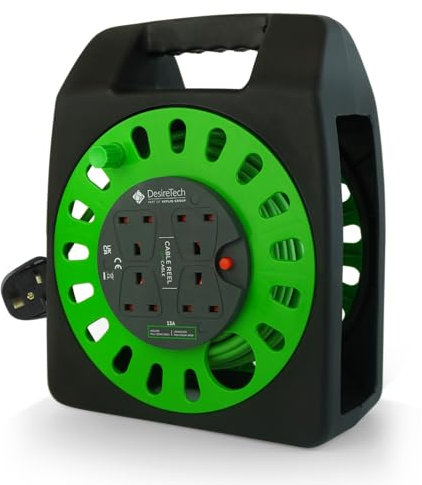 Desiretech - 18 Metre Portable Cable Reel Extension Lead - 4 Shuttered Sockets, Thermal Cut Out, Ergonomic Handle, Green/Black - Heavy Duty Extension Cord for Indoor Use (18 Metre)