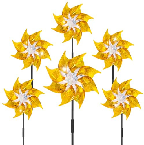 LUKDUNG 6 ruote a vento per uccelli e uccelli, riflettenti, per frutteto, per balcone, decorazione da giardino, cortile, balcone, giallo + argento, 18 cm