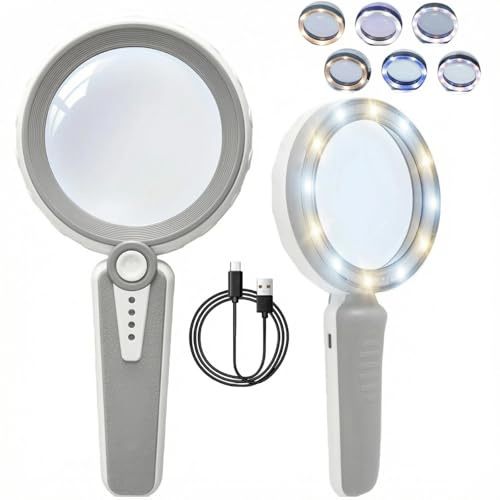 HUIBOER 45X Magnifying Glass with Light, 4.6 Inch 1200mAh USB Rechargeable LED Handheld Magnifier, 6 Light Modes for Low Vision Seniors with Macular Degeneration, Reading, Jewelry, Coins - Grey