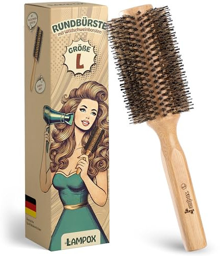 lampox Brosse ronde pour brushing avec poils de sanglier pour le volume et la brillance, brosse à cheveux ronde, brosse de coiffage pour femmes et hommes, lissage, boucles (L)