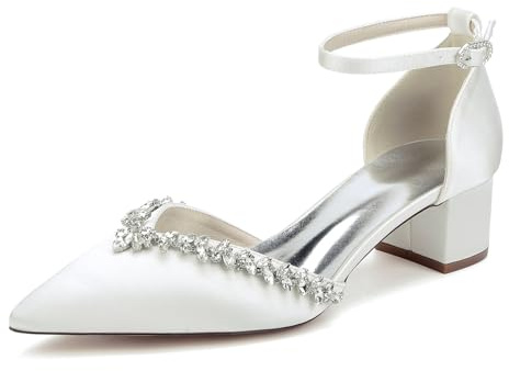 Mujer Tacón Gruesos Medio Zapatos De Novia Correa Al Tobillo Zapatillas De Vestir con Diamantes De Imitación Puntera Puntiaguda Zapatos De Fiesta De Graduación De Boda,Marfil,38 EU