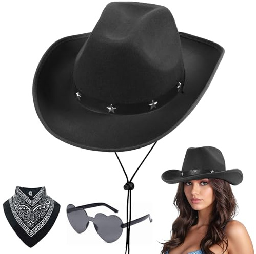 Aomig Cappello da Cowboy, Accessori per Costumi da Cowboy Cappelli per Adulti, Set Cappello Cowgirl Occidentale Bandana Occhiali da Sole, Cappello da Cowboy con Paillet per Halloween Feste Carnevale