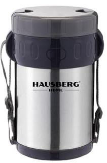 HAUSBERG Thermal Lunch Box – 2L Double-Walled Stainless Steel with 3 Leakproof Containers, Compact Food Flask with Spoon & Fork – Portable, Durable & BPA-Free – Ideal for School & Office