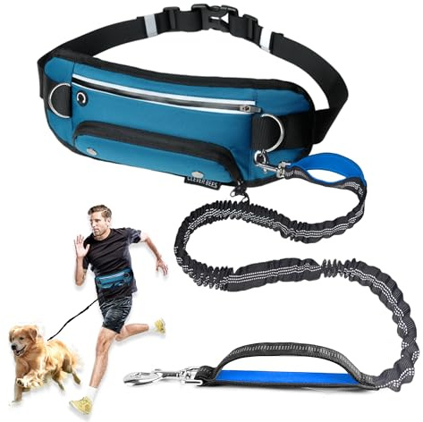 Hands Free Dog Leash with Pouch,Adjustable Waist Running Leash with Water Bottle Holder,Dual Padded Handles and Retractable Bungee for Walking Jogging Training Hiking (Blue)