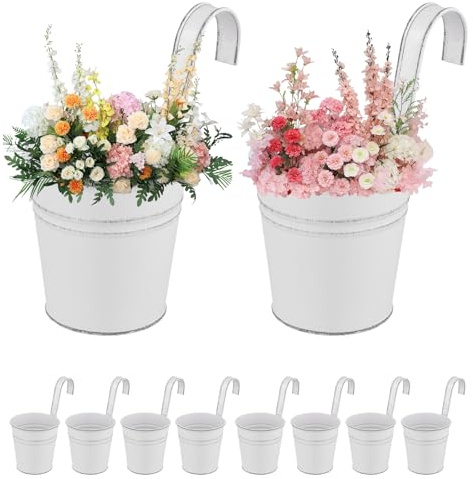 PINGEUI 10 Pcs Vintage Hanging Flower Pots, 10CM Metal Fence Hanging Plant Pot with Detachable Hook for Railing Balcony Fence Home Garden Decor, White