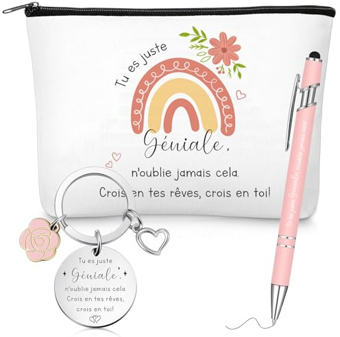 Xuniea 3 Cadeaux d'Encouragement Femme Trousse de Maquillage Inspirante Trousses de Toilette Porte Clés Motivation Stylo à Bille Cadeaux d'Anniversaire et Noël pour Collègues Ami Famille