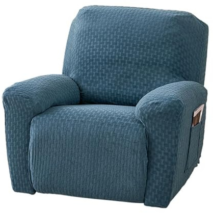 Highdi Housse de Fauteuil Inclinable 1 Place en Jacquard Extensible, Housse de Fauteuil Relax Electrique 4 Pièce avec Poche Latérale, Protege de Canapé Amovible et Lavable (Bleu Clair)