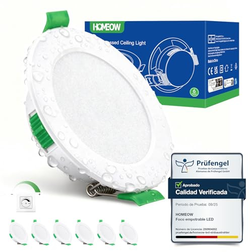 HOMEOW Einbaustrahler LED Spots 230V Dimmbar 68mm - 80mm Lochmaß IP44 | Warmweiß 2700K Neutralweiß 4000K Kaltweiß 6000K Einbauspots Deckenleuchte 5W, 24mm Flach Deckenspot für Bad, Weiß 6er Set