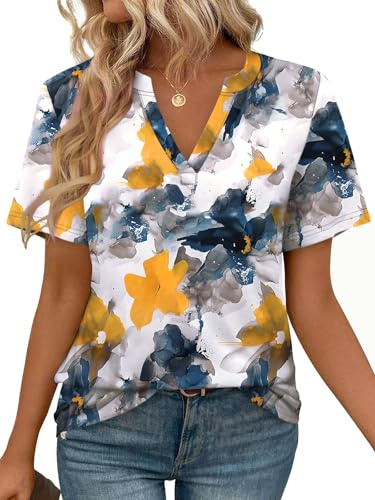 Cuptacc T-shirt damtoppar kortärmad V-ringad t-shirt damer sommar casual blus lös basic topp, L
