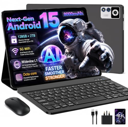Tablet 10 Inch Android 15, 30GB RAM+128GB ROM (TF 2TB), 5G WiFi Tablets,Gemini AI/Widevine L1/8000 mAh/Octa-Core 2.0 GHz/Bluetooth 5.0/GPS/Face ID/8+5MP/2-in-1 Tablet with Keyboard and Mouse - Black