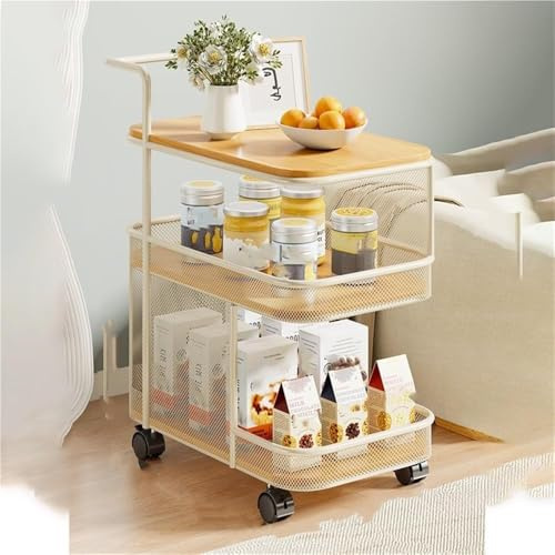 Beweglicher Mehrzweckwagen mit Feststellrädern, stabiler Eisenrahmen und Holzregalen – vielseitiger Beistelltisch & platzsparender Wagen für Zuhause & Büro (natürliches Finish)