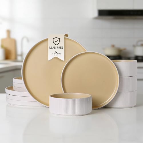 MONITO 12PCS Ceramic Dinnerware Set for 4, Stoneware Plates and Bowls Sets