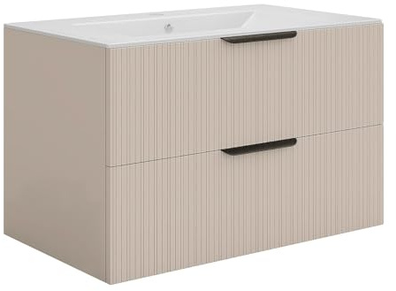 Vente-unique-Mobile bagno sospeso con scanalature con lavabo ad incasso - Beige - 80 cm - DALIKO