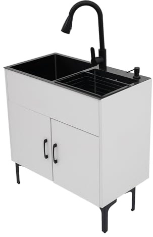 Freistehende Küchenspüle, Edelstahl Waschbecken mit Unterschrank, Ausziehbarem Wasserhahn, Abtropfkorb, 2 Becken Spüle Edelstahlspüle mit Doppelbecken für Küchen Restaurant (Weiß+Schwarz, 75x41x78 cm)