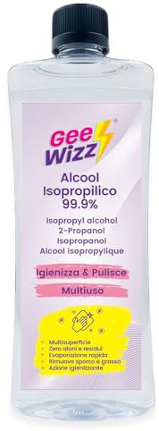 Gee-Wizz Alcool Isopropilico 99,9% – Flacone 750 ml, IPA Isopropanolo Puro | Sgrassatore Multiuso per Pulizia Vetri, Cucina, Acciaio Inox, Rimozione Adesivi e Superfici Domestiche