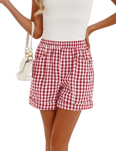 Rapbin Damshorts trendiga sommar elastisk midja casual bomullsshorts med fickor för semester strand, Röd vit pläd, L