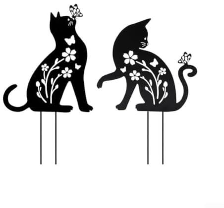 Ornements de jardin en métal en forme de chat en acier galvanisé – Statue d'extérieur pour parterres de fleurs, clôture, décoration de 2 pièces