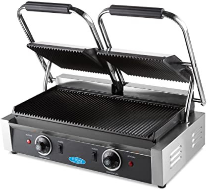 Gril contact gril double rainuré 2 x 22 cm - Plaques de cuisson en fonte - Gril contact robuste - Inox
