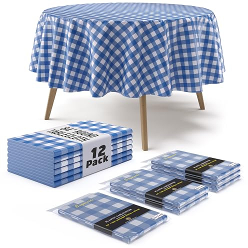 Exquisite Picnic Table Cover - 12 Pack Premium Round Plastic Tablecloth - Dark Blue & White Checkered BBQ Table Cover - Gingham Checkerboard Disposable Tablecloth 84 inch. Round