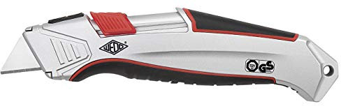 WEDO 78825 Safety Cutter Aluminium, automatischer Klingenrückzug, Aluminiumgehäuse, Gummi Griffzone, integriertes Magazin, TÜV/GS-GEPRÜFT, inkl. 1 Ersatzklinge, Silber/Schwarz/Rot