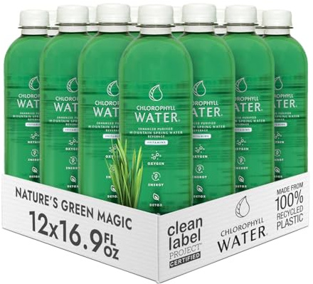 Chlorophyll Water (12-pack) Liquid Chlorophyll Drops in Purified Water Bottles, For Glowing Skin, Energy and Detox, Vitamins A, B12, C, D3, Clean Label Certified, Plant-Based Vitamin Water (16.9oz)