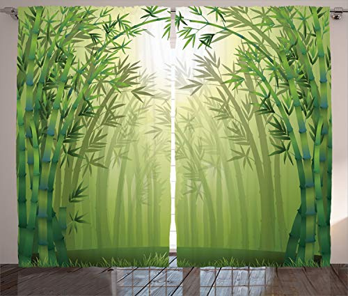 ABAKUHAUS Grün Rustikaler Gardine, Bambus-Bäume im Wald, Schlafzimmer Kräuselband Vorhang mit Schlaufen und Haken, 280 x 245 cm, Grün