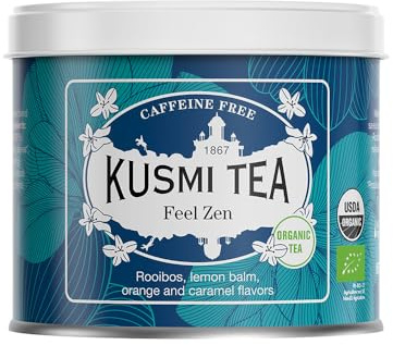 Kusmi Tea Feel Zen - 100 gr Loose Tea Tin - Organic Rooibos Herbal Tea with Notes of Apple, Lemon, Orange & Caramel - Caffeine Free