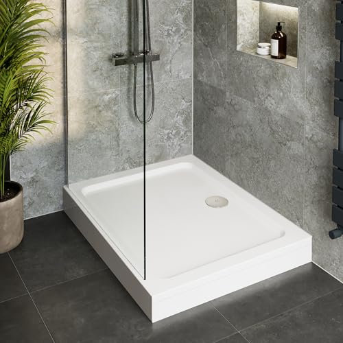 Hydrolux® 800 x 700 x 135mm White Bathroom Shower Tray for Enclosures Cubicles & Wet Room with Waste + Riser Kit, Rectangular