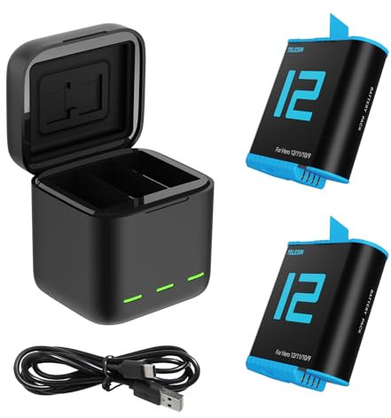TELESIN Dreifach-Ladegerät und Akku-Speicherbox mit 3 Kanälen Ladegerät mit 2 wiederaufladbaren Lithium-Ionen-Akkus für GoPro Hero 12 Hero 11 Hero 10 Hero 9 Black (Ladegerät + 2 Akkus)