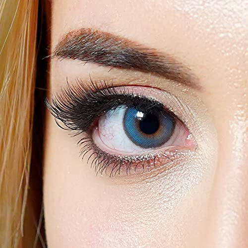 Kontaktlinsen farbig ohne Stärke farbige Jahreslinsen weiche Linsen soft Hydrogel 2 Stück Farblinsen + Linsenbehälter 0.0 Dioptrien natürliche Farben Serie Mystery Blue (blau)