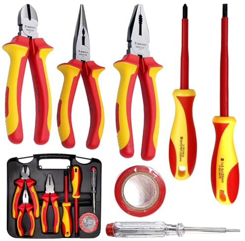 WEDO Isoliertes Werkzeugset,7-tlg,Lange Nase mit Cutter,Kombizange,Seitenschneider,Kreuzschlitz-Schraubendreher,Schlitz-Schraubendreher,Chrom-Vanadium-Stahl,1000V VDE-geprüft,GS-Zertifikat
