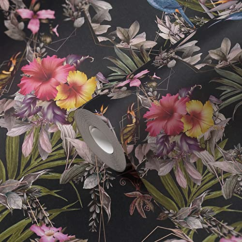 A.S. Création Tapete Vögel Blumen Schwarz Orange 381781 Vliestapete Blumenoptik Dunkel 10,05x0,53m Made in Germany