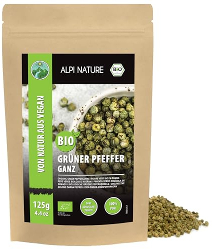 Alpi Nature Gröna Pepparkorn BIO 125g, Ekologisk Hel Grön Peppar, Gröna Pepparkorn för Matlagning