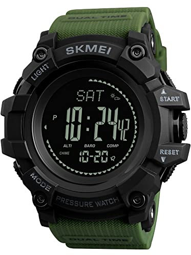 Men's Watch Multifunctional Plastic Watch Compass Outdoor Military Sports and Pedometer Altimeter Barometer Thermometer (ArmyGreen)